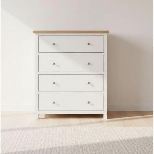 CHRISTA HAMPTON SOLID ACACIA 4 DRAWER TALLBOY CHEST OF 4 DRAWERS LIGHT OAK TOP WHITE BASE