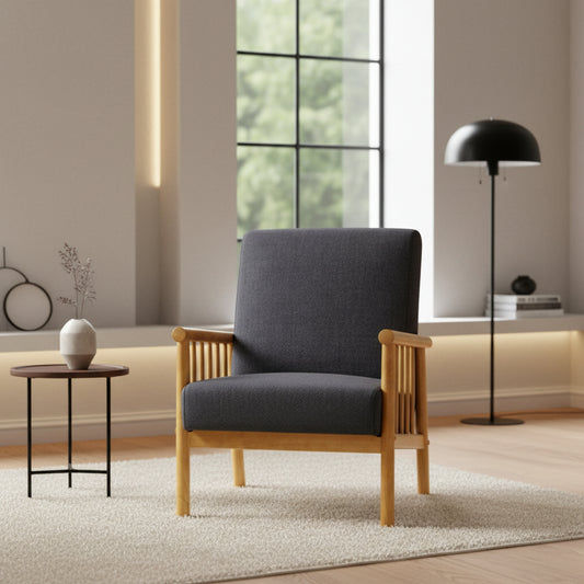 SUDBURY ARMCHAIR  ACCENT CHAIR - NATURAL RUBBERWOOD FRAME/BLACK FABRIC - MyChocolateWood