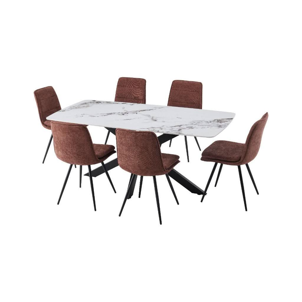 DAKOTAH 7PCE PIECE DINING SET: 1 MARBLE LOOK DINING TABLE 179CM & 6 DAKOTAH RUST DINING CHAIRS - MyChocolateWood