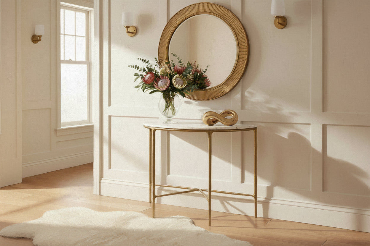 SOREN MARBLE DEMILUNE TABLE/ACCENT TABLE - BRASS FRAME 90CM - MyChocolateWood