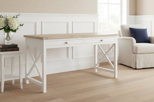 CHRISTA HAMPTON SOLID ACACIA 2-DOOR DESK  LIGHT OAK TOP/WHITE BASE - MyChocolateWood