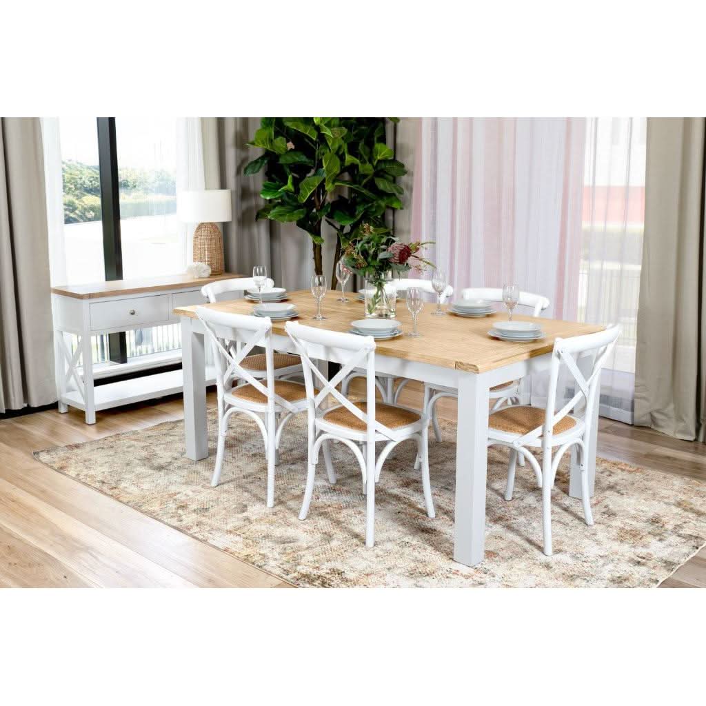 CHRISTA HAMPTON  SOLID ACACIA DINING TABLE WITH 6 WHITE MELROSE CHAIRS 7 PIECE DINING SET - MyChocolateWood