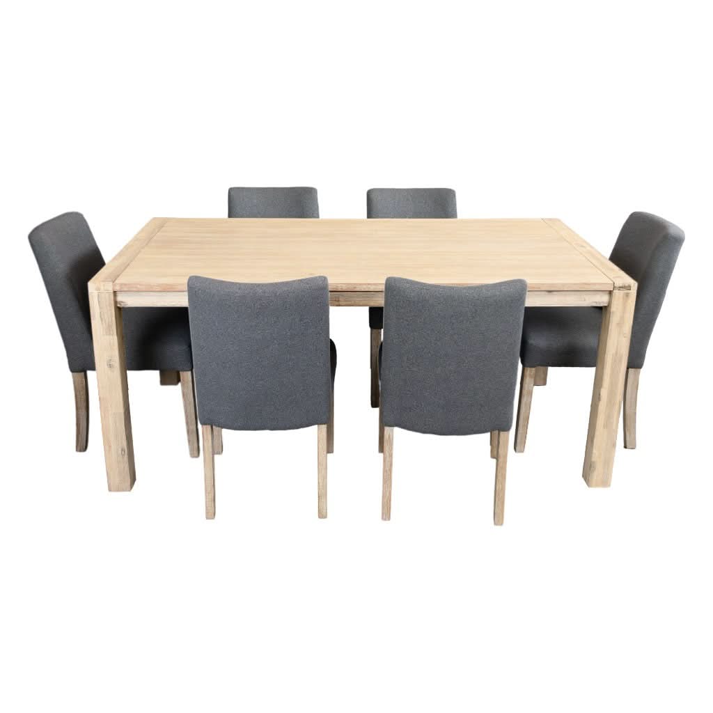 RIPLEY SOLID ACACIA TIMBER  7 PIECE DINING SET BRUSHED SMOKE: 1XTABLE 180CM & 6 RIPLEY DINING CHAIRS - MyChocolateWood