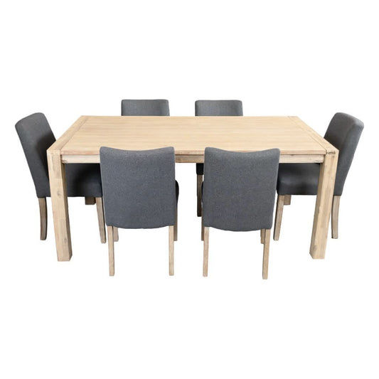 RIPLEY SOLID ACACIA TIMBER  7 PIECE DINING SET BRUSHED SMOKE: 1XTABLE 180CM & 6 RIPLEY DINING CHAIRS - MyChocolateWood