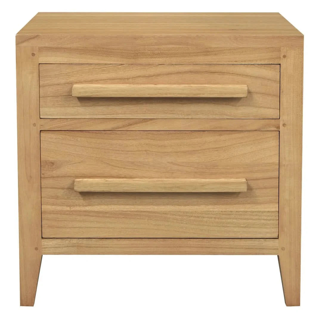 Natural wood bedside table with two drawers from the DION MINDI WOOD collection by MyChocolateWood, featuring a sleek, minimalist design.