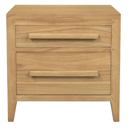 Natural wood bedside table with two drawers from the DION MINDI WOOD collection by MyChocolateWood, featuring a sleek, minimalist design.