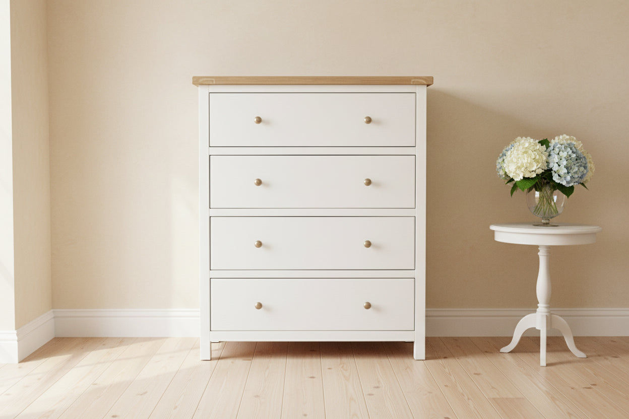 CHRISTA HAMPTON SOLID ACACIA 4 DRAWER TALLBOY CHEST OF 4 DRAWERS LIGHT OAK TOP WHITE BASE - MyChocolateWood