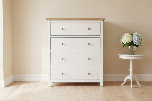 CHRISTA HAMPTON SOLID ACACIA 4 DRAWER TALLBOY CHEST OF 4 DRAWERS LIGHT OAK TOP WHITE BASE - MyChocolateWood
