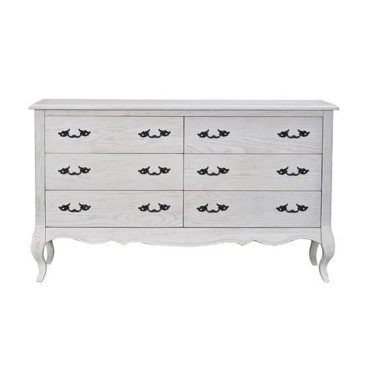 CLARENCE VINTAGE HAND CARVED OAK & VENEER 6 DRAWER DRESSER LIGHTLY DISTRESSED WHITE - MyChocolateWood
