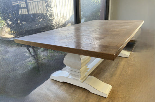 KENSIT HAMPTONS RUSTIC RECYCLED ELM COFFEE TABLE IN 2 TONE FINISH - PARQUETRY TOP - 140CM - MyChocolateWood