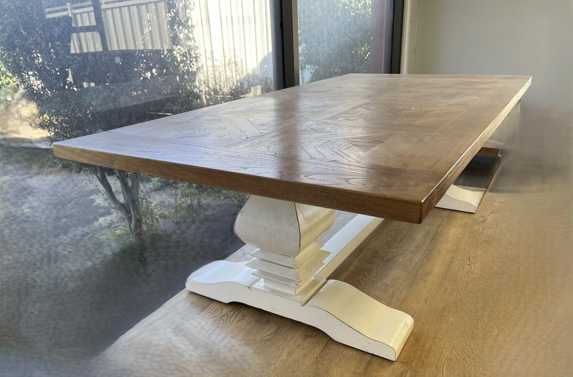 KENSIT HAMPTONS RUSTIC RECYCLED ELM COFFEE TABLE IN 2 TONE FINISH  - PARQUETRY TOP - 140CM - MyChocolateWood