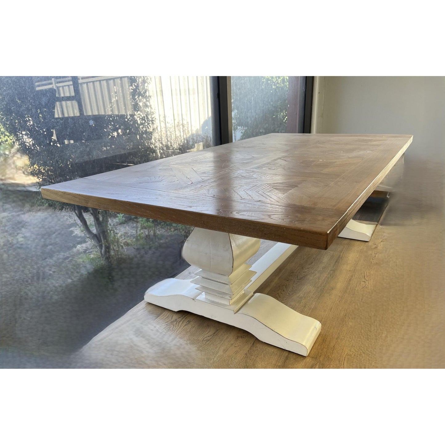 Kensit Hamptons Recycled Elm Parquetry Coffee Table 140cm with White Legs - Chocolate Wood