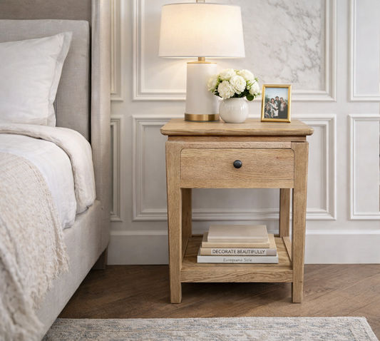 Pair of Ella solid oak bedside tables with a shelf from MyChocolateWood, featuring a natural wood finish and modern design.