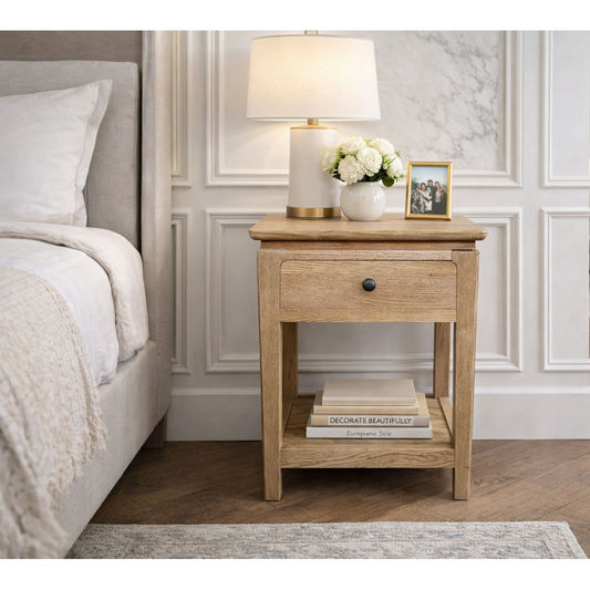 Pair of Ella solid oak bedside tables with a shelf from MyChocolateWood, featuring a natural wood finish and modern design.