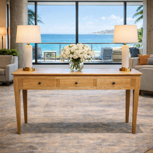 Solid oak Ella console table with three drawers, featuring a natural wood finish and sleek design by MyChocolateWood.