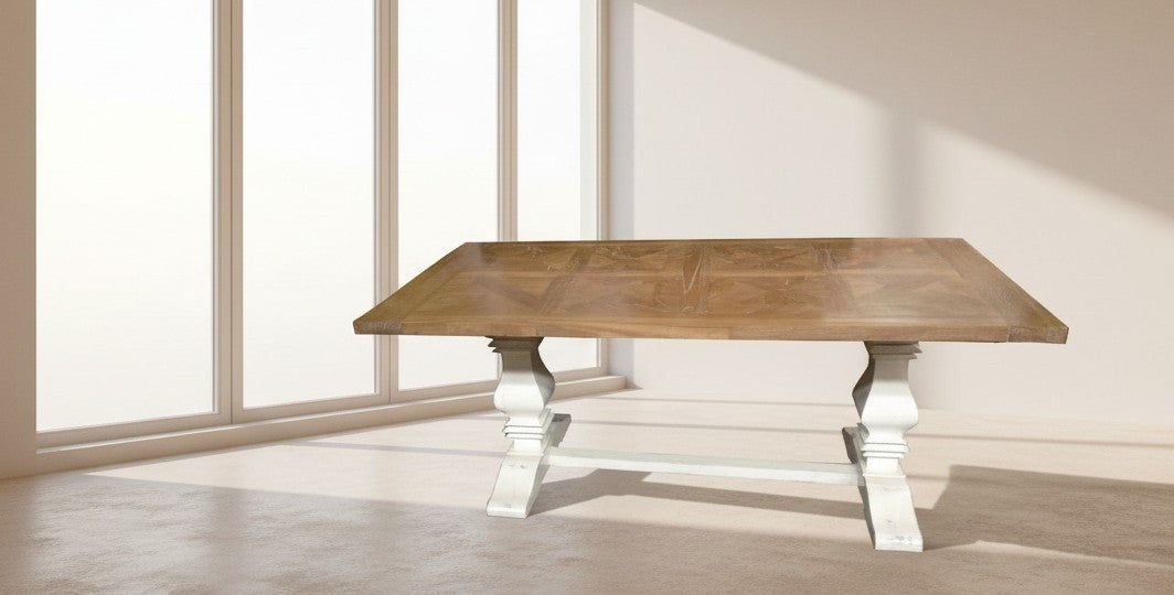KENSIT RECYCLED ELM DINING TABLE IN 2 TONE FINISH  PARQUETRY TOP 200CM - MyChocolateWood