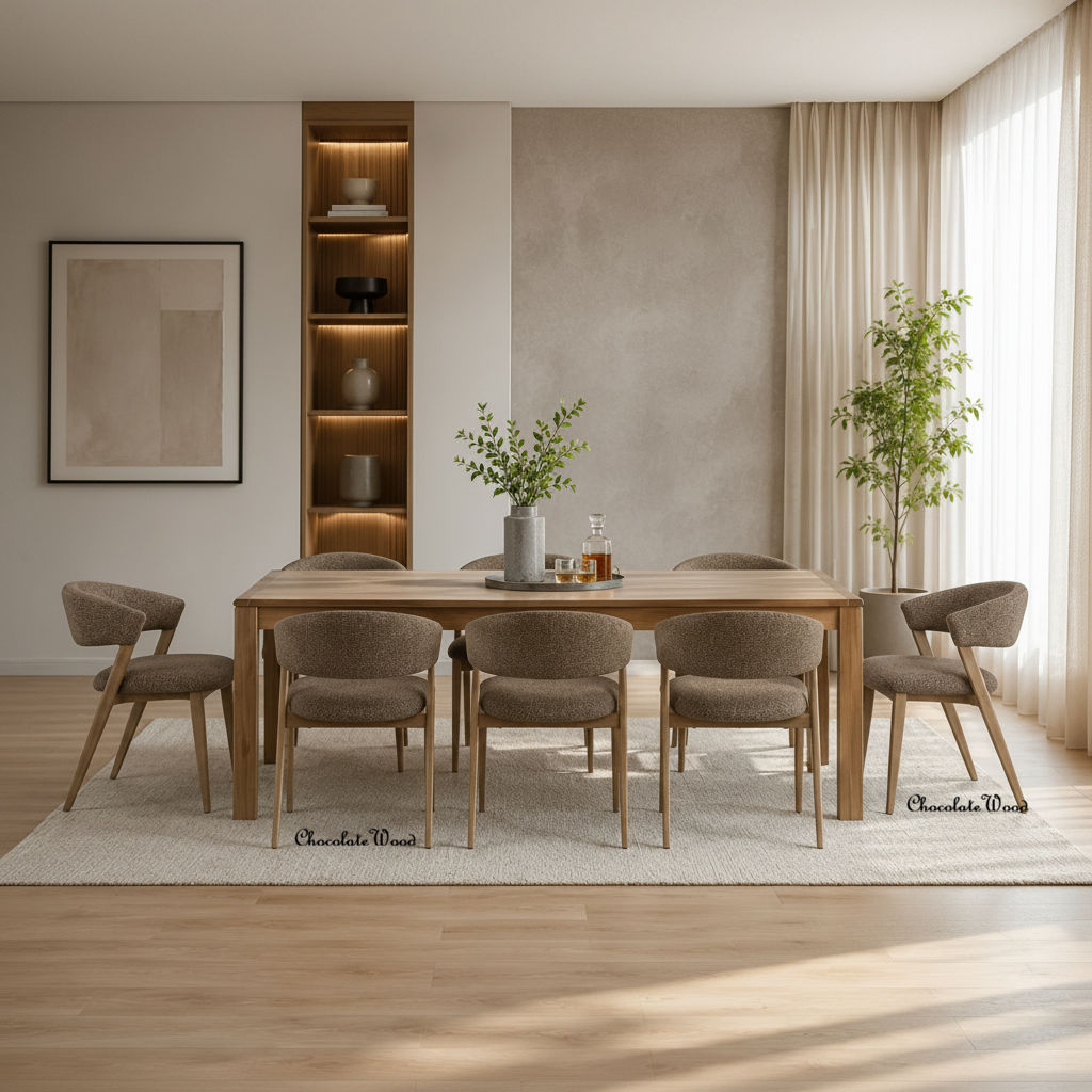 Denby Messmate Timber Dining Table Light Smoke 210cm + 8 Leemor Fabric Dining Chairs - 9 Piece Dining Set