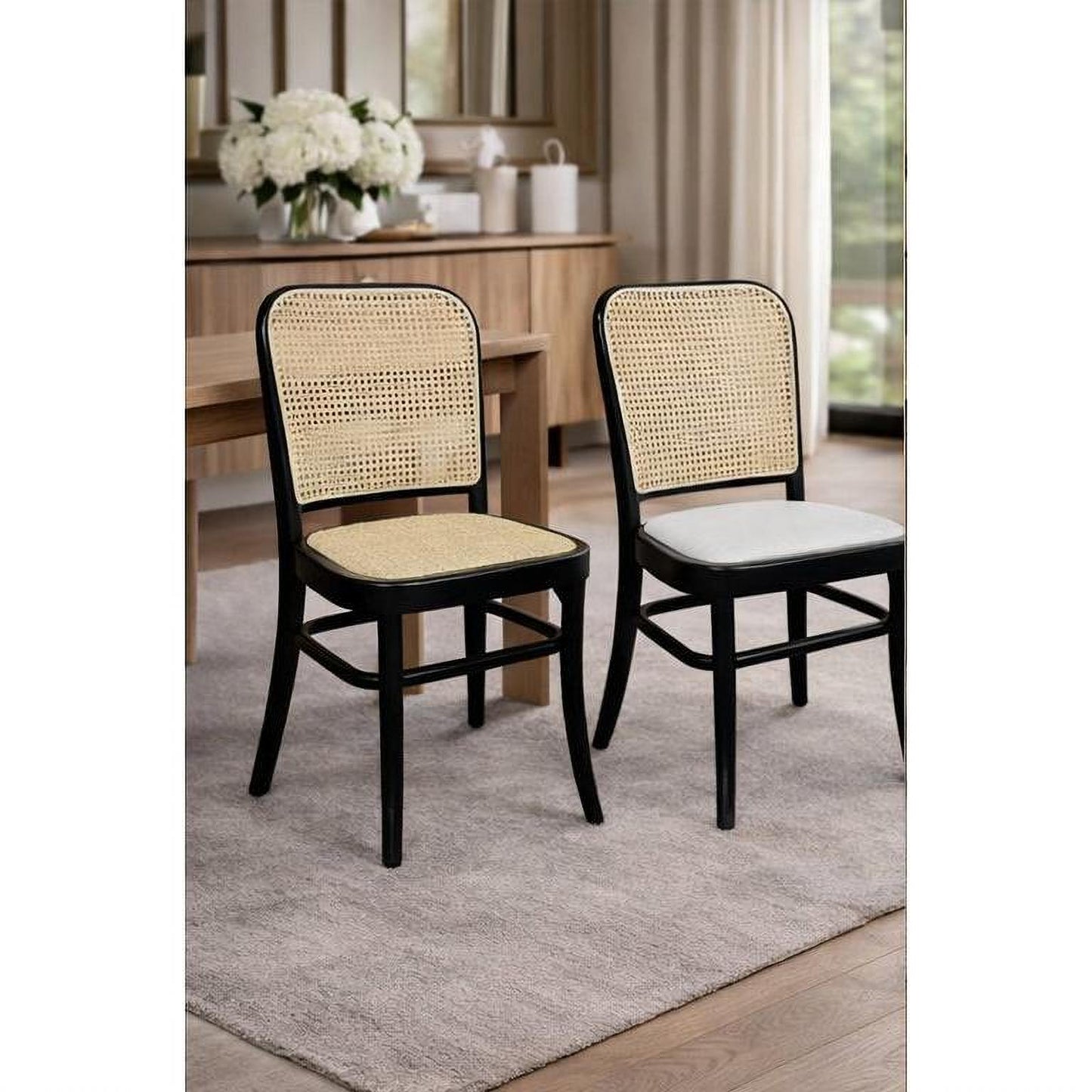 Phoenix Beechwood Dining Chair, Black Frame with White Linen Fabric Seat - Chocolate Wood