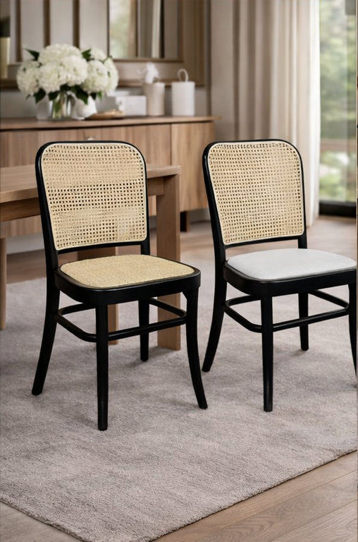 PHOENIX SOLID BEECHWOOD & RATTAN DINING CHAIR WHITE LINEN FABRIC SEAT - MyChocolateWood