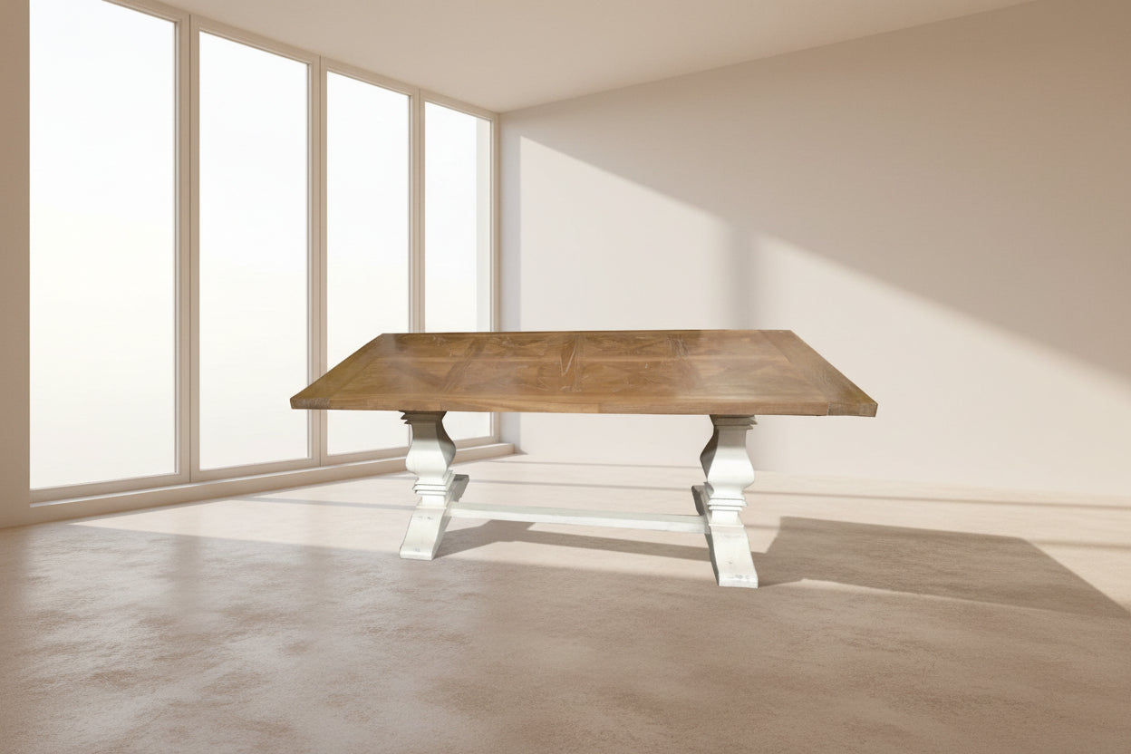 KENSIT RECYCLED ELM DINING TABLE IN 2 TONE FINISH PARQUETRY TOP 245CM - MyChocolateWood