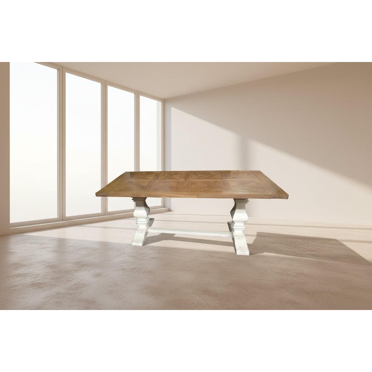 Kensit Hamptons Recycled Elm Parquetry Dining Table, 245cm with White Legs - Chocolate Wood
