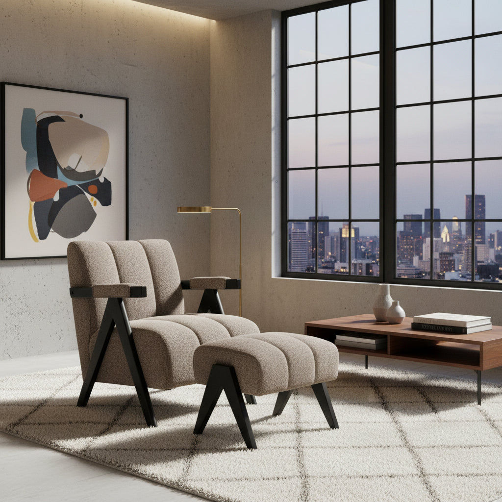 Pellerin Fabric Armchair & Matching Stool in Fawn - Chocolate Wood