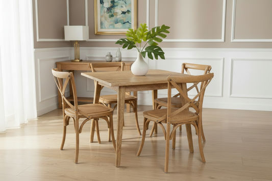 FITAN SOLID OAK SQUARE DINING TABLE (90 X 90) NATURAL + 4 MELROSE SOLID OAK CROSSBACK CHAIRS NATURAL - MyChocolateWood
