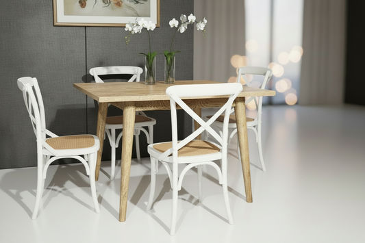 FITAN SOLID OAK SQUARE DINING TABLE (90 X 90) NATURAL + 4 MELROSE ELM WOOD CROSSBACK CHAIRS WHITE - MyChocolateWood