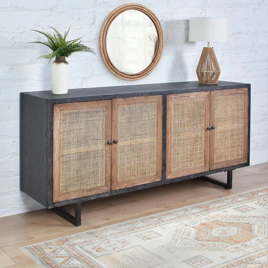 CUMBRIA OAK & RATTAN SANDBLAST 4-DOOR SIDEBOARD/BUFFET BLACK & NATURAL - MyChocolateWood