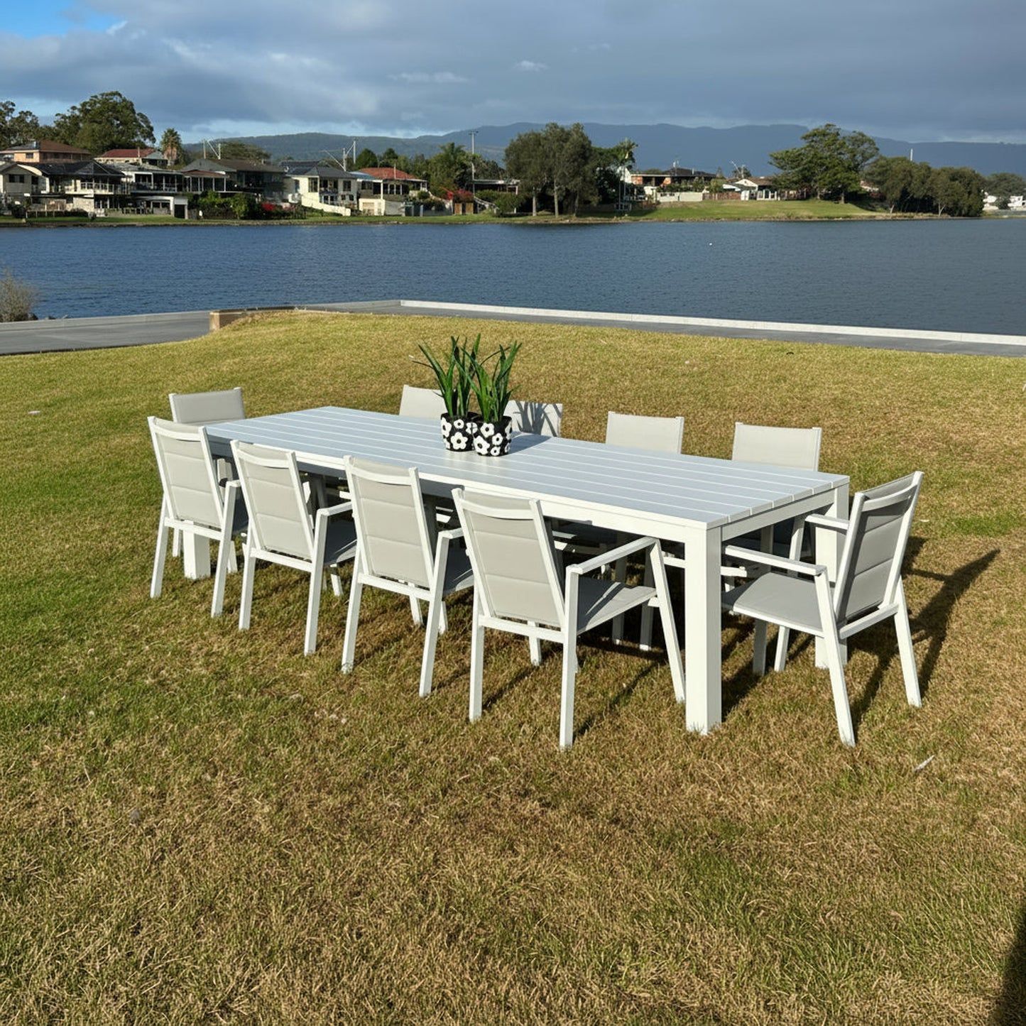 Finnigan 11 pce. Outdoor Aluminium Dining Set in White/Grey
