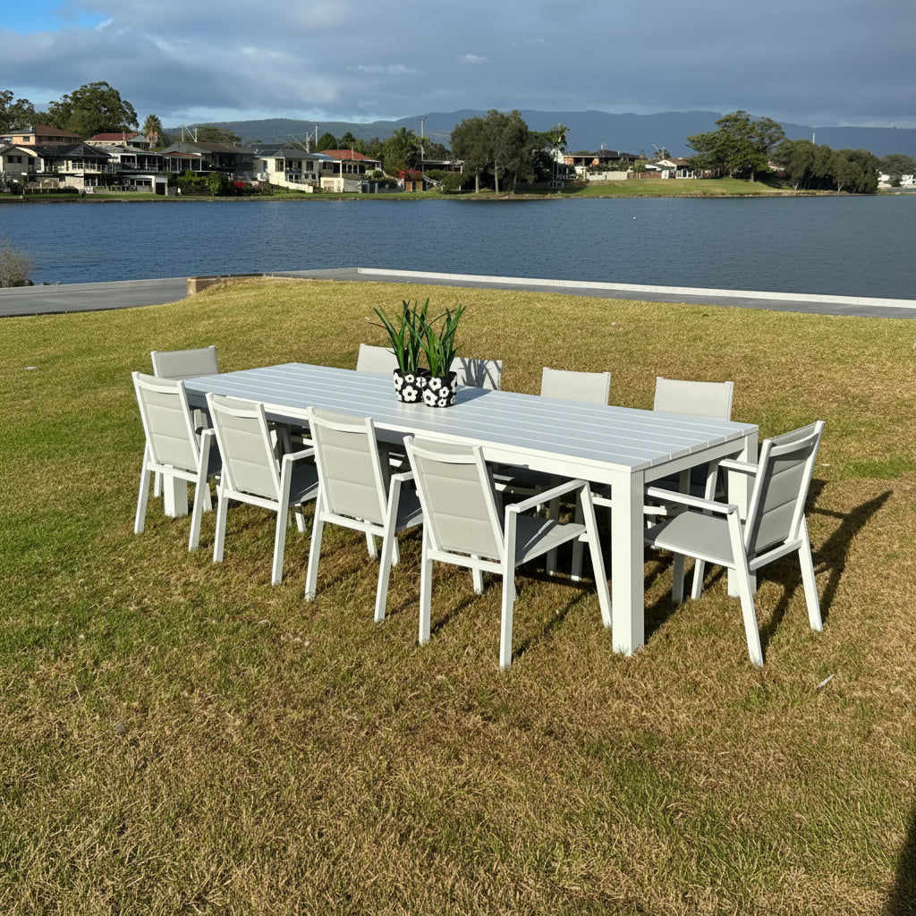 Finnigan 11 pce. Outdoor Aluminium Dining Set in White/Grey