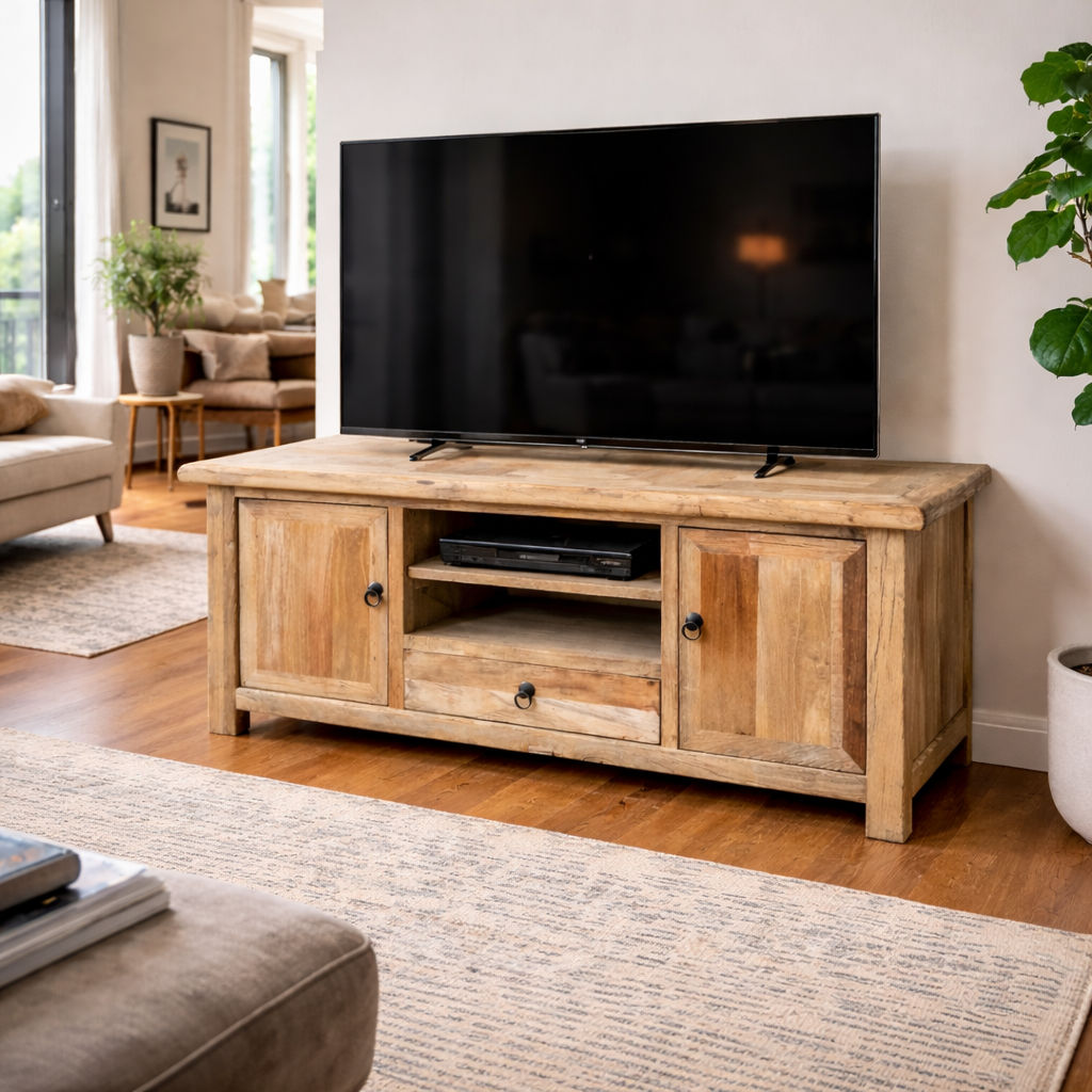 GIBRALTAR  RECYCLED ELM TIMBER TV UNIT 2 DOORS/1 DRAWER NATURAL - MyChocolateWood