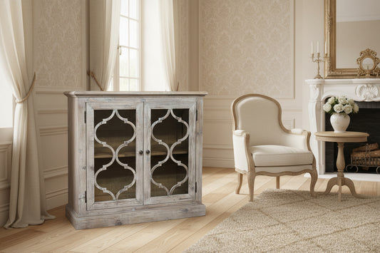 REINA GREYWASHED RECYCLED TIMBER/GLASS PANELS 2-DOOR CABINET CUPBOARD - MyChocolateWood