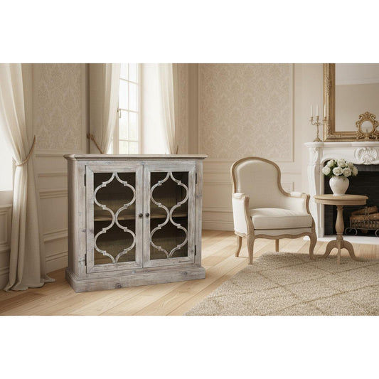 REINA GREYWASHED RECYCLED TIMBER/GLASS PANELS 2-DOOR CABINET CUPBOARD - MyChocolateWood