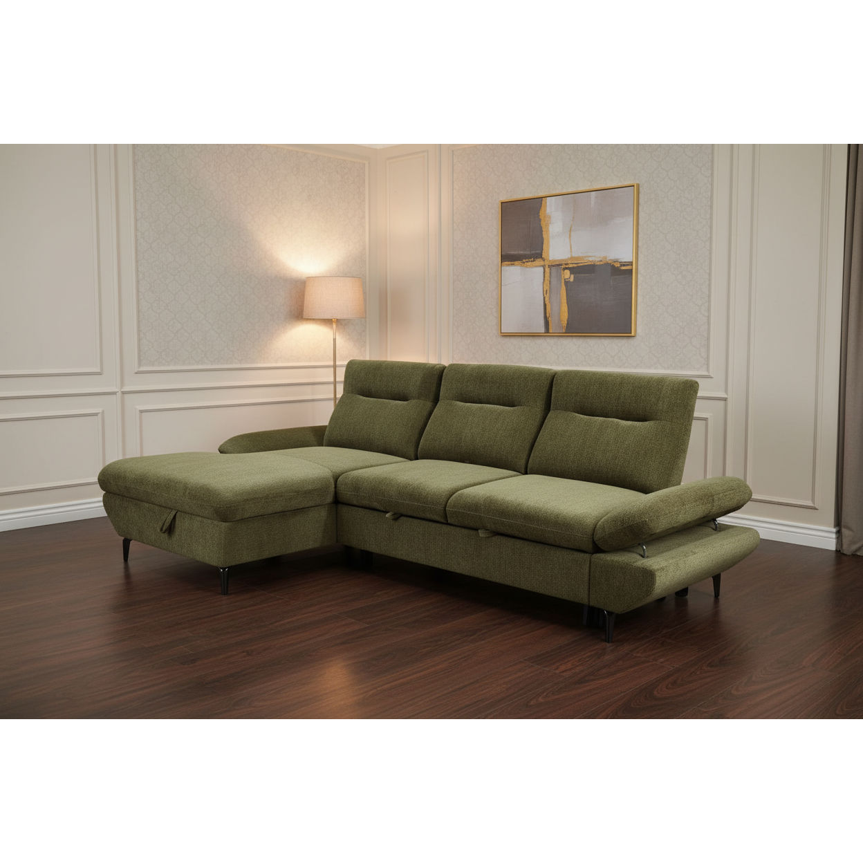 Libbi Fabric 2-Seater Sofa Bed with Left Hand Facing Storage Chaise in Green - Chocolate Wood
