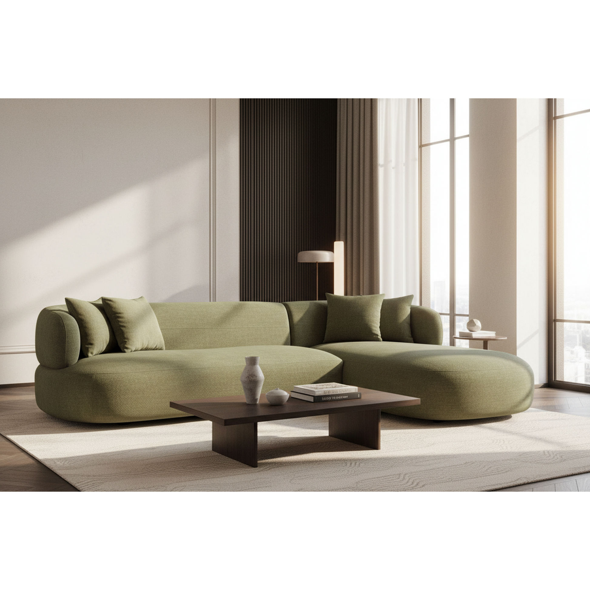 Beecham Modular 3-Seater Corner Sofa with Right Hand Facing Chaise in Sage - Chocolate Wood