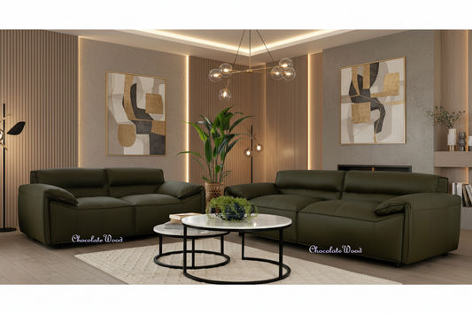 SPARKLER LEATHER 3-SEATER + 2-SEATER LEATHER SOFA OLIVE LOUNGE SET - MyChocolateWood
