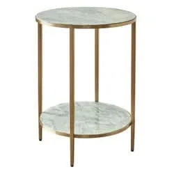 Melina Round Side Table in Dusty Jade Marble with Gold Stainless Steel - Chocolate Wood