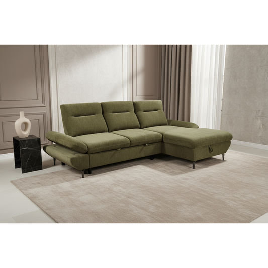 LIBBI FABRIC 2-SEATER SOFA BED WITH RHF STORAGE CHAISE GREEN - MyChocolateWood