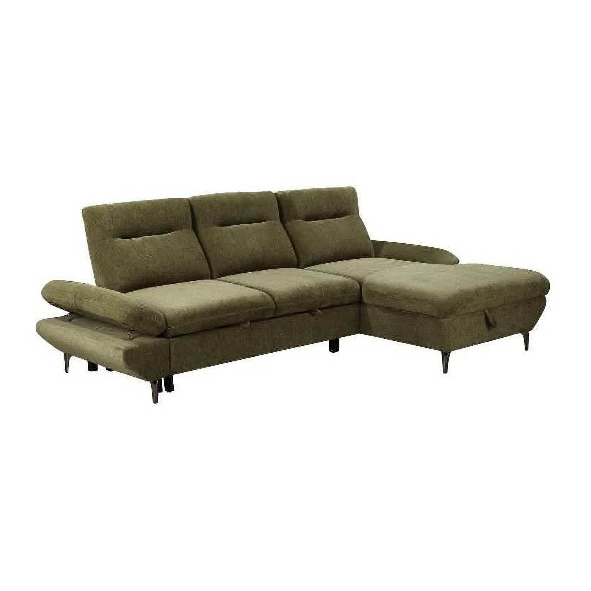 Libbi Fabric 2-Seater Sofa Bed with Right Facing Storage Chaise in Green - Chocolate Wood