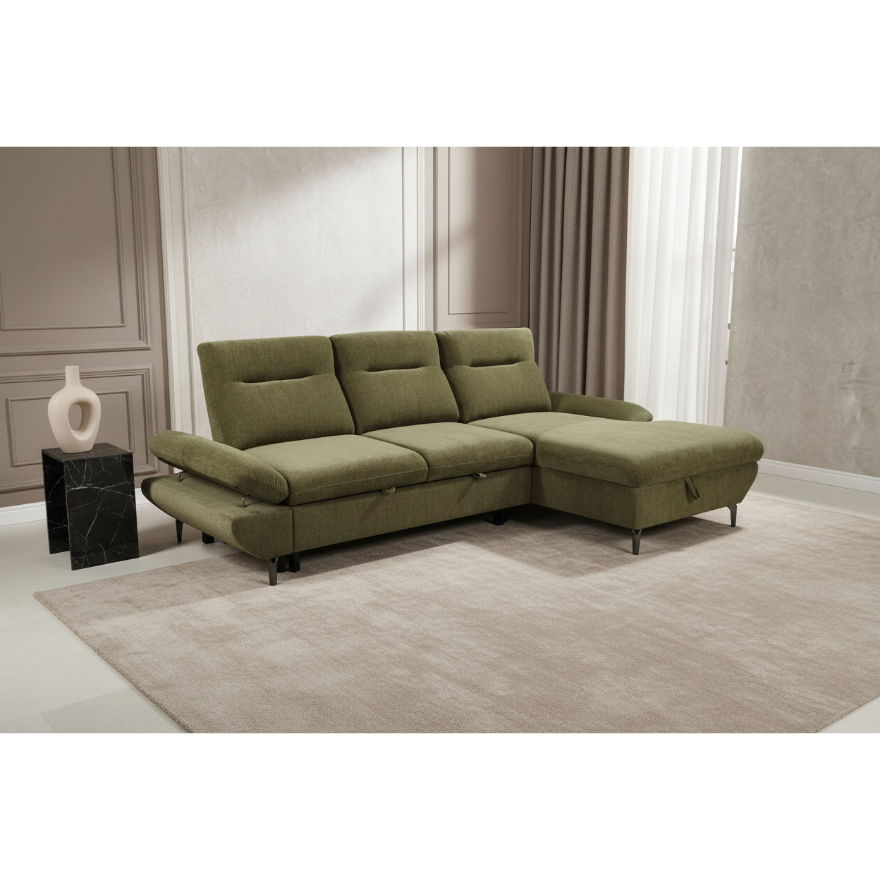 Libbi Fabric 2-Seater Sofa Bed with Right Hand Facing Storage Chaise in Green - Chocolate Wood