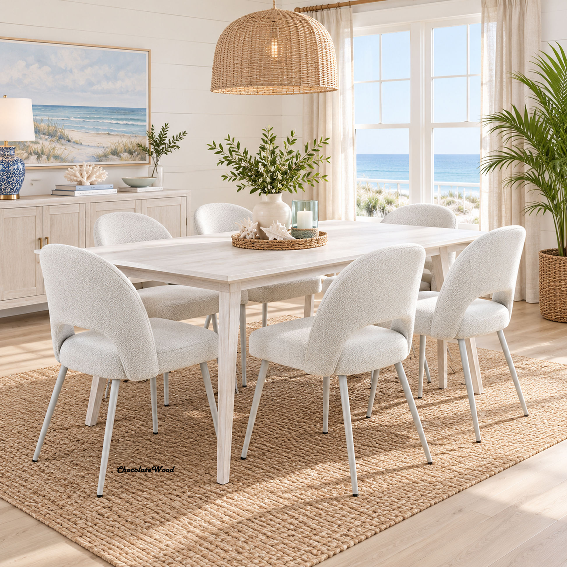 Halifax Solid Acacia Dining Set: 1 xTable 180cm Brushed White & 6 x Halifax Dining Chairs - MyChocolateWood