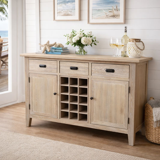 HAMPTON GREYWASHED OAK SIDEBOARD/BUFFET W/20 BOTTLE WINE RACK 3 DRAWERS & 2 DOORS - MyChocolateWood