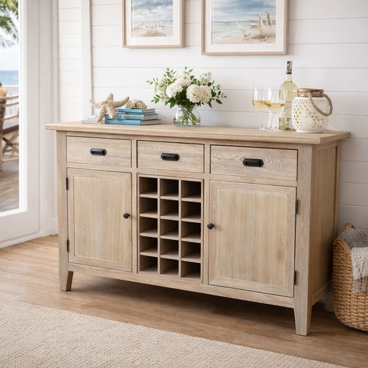 HAMPTON GREYWASHED OAK SIDEBOARD/BUFFET W/20 BOTTLE WINE RACK 3 DRAWERS & 2 DOORS - MyChocolateWood
