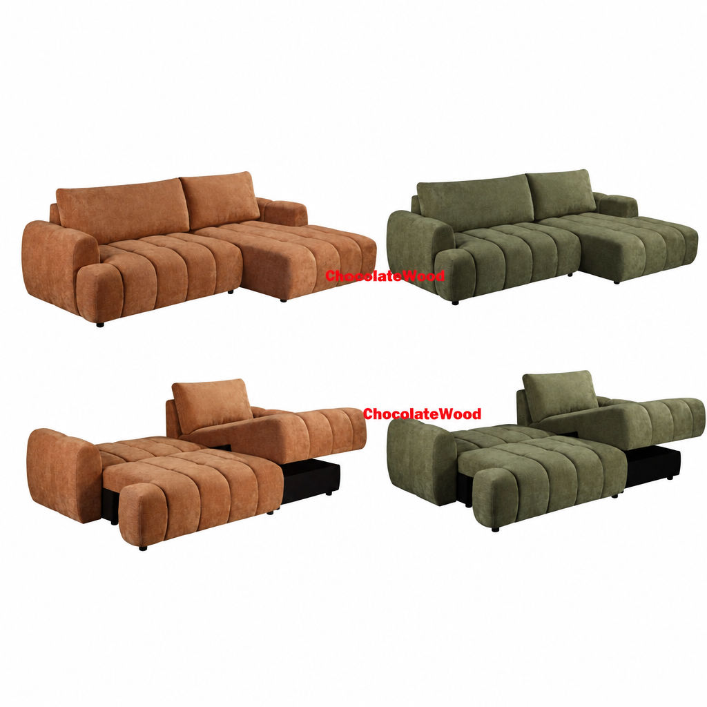 Joncar Fabric Sofa Bed — 2-Seater Sofa w/ Storage + RHF Chaise Rust