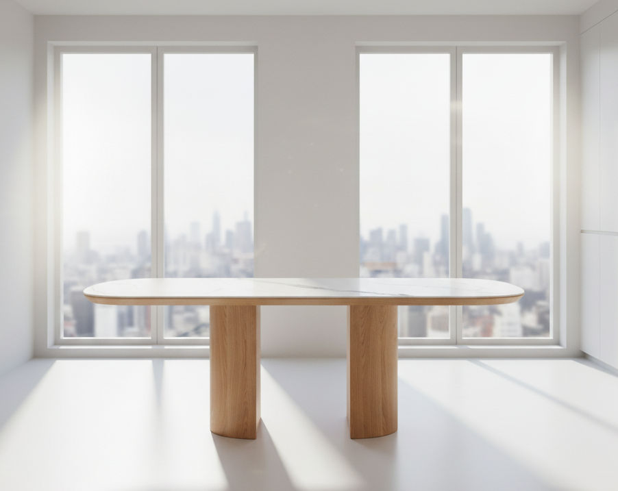 CASPIAN OAK OVAL DINING TABLE  WHITE CERAMIC TOP/NATURALWOODEN LEGS 220CM - MyChocolateWood