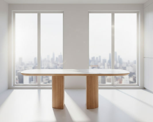 CASPIAN OAK OVAL DINING TABLE  WHITE CERAMIC TOP/NATURALWOODEN LEGS 220CM - MyChocolateWood