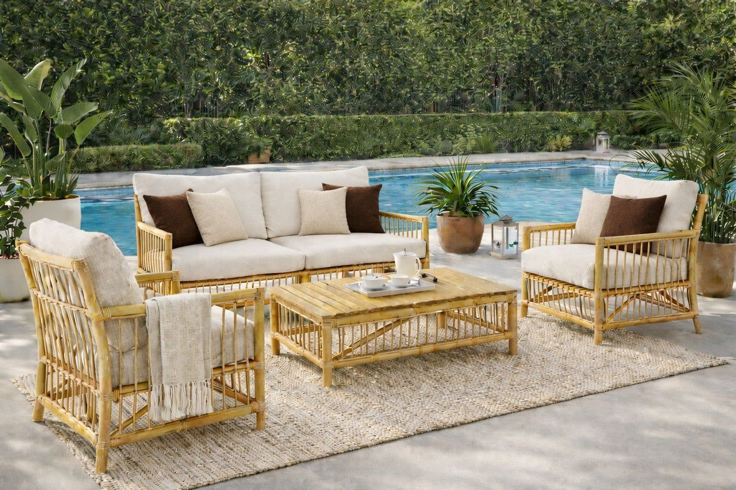 GARLAND 4 PIECE ACACIA WOOD OUTDOORS LOUNGE SETTING LIGHT BAMBOO FINISH/MIXED SAND COLOUR - MyChocolateWood