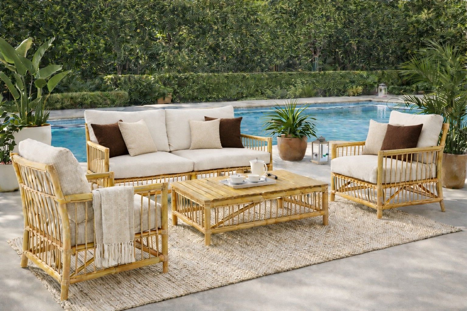 GARLAND 4 PIECE ACACIA WOOD OUTDOORS LOUNGE SETTING LIGHT BAMBOO FINISH/MIXED SAND COLOUR - MyChocolateWood