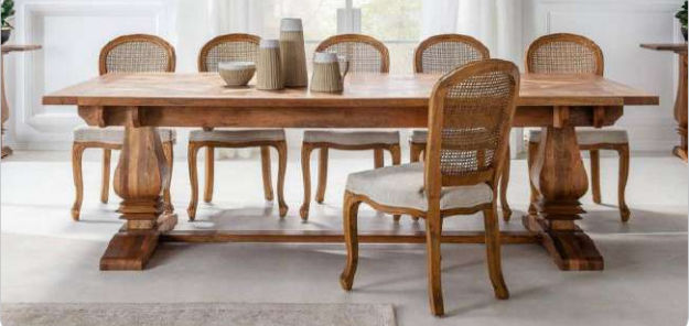 KAVALA 9 PCE. DINING SET: 1 MANGO WOOD PARQUETRY TOP DINING TABLE AMERICAN OAK COLOUR & 8 KAVALA DINING CHAIRS NATURAL - MyChocolateWood